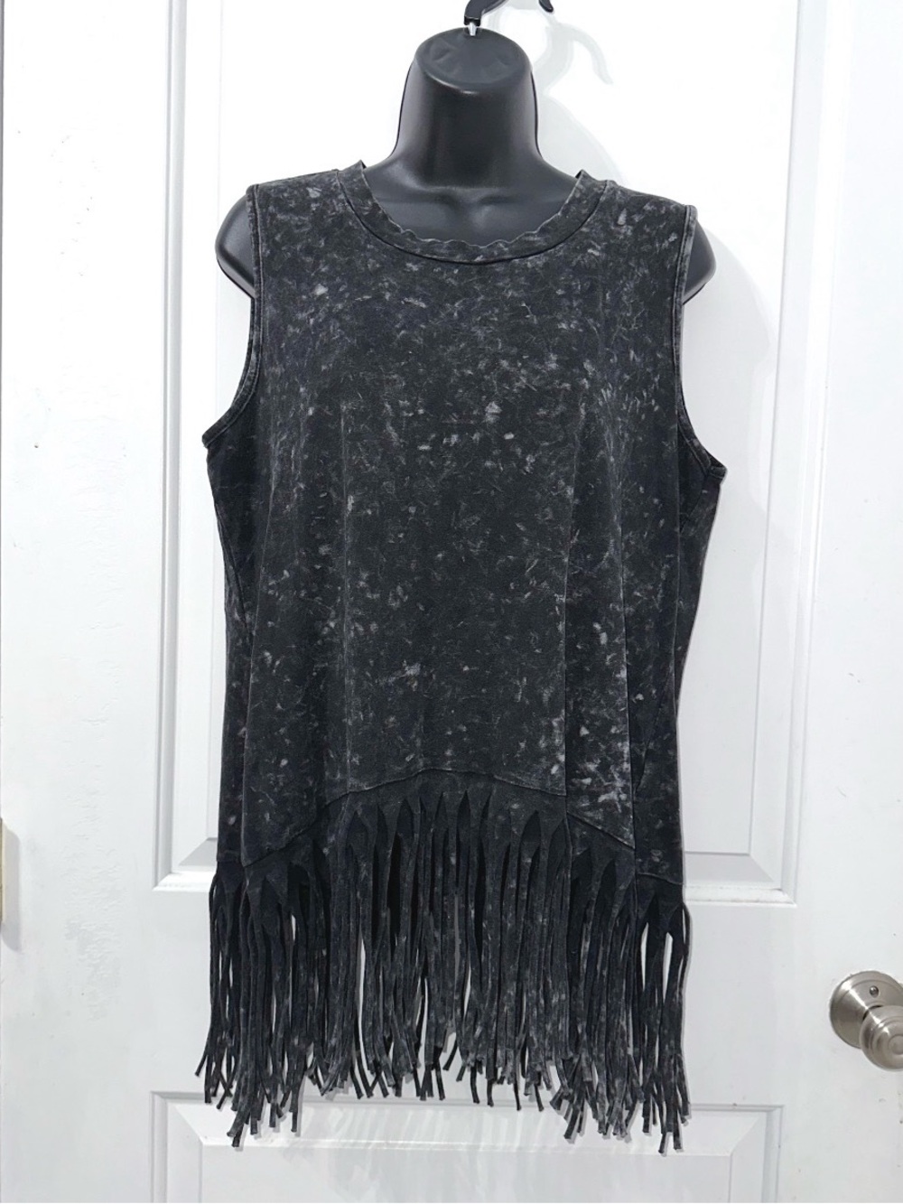 BiBi Black washed top with fringe at the bottom, size large